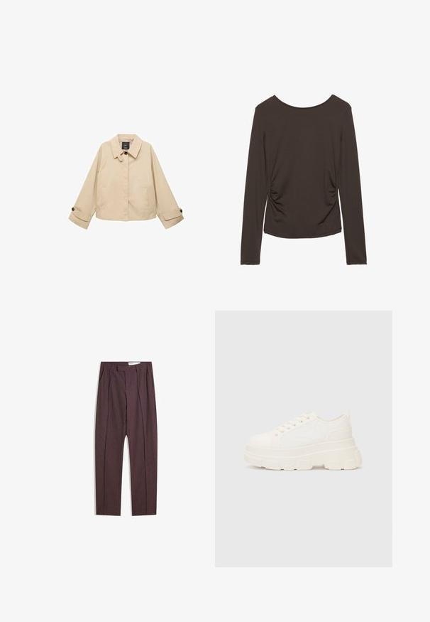Beżowa krótka kurtka z okrągłym kołnierzykiem, dwiema przednimi kieszeniami i zapiętymi mankietami. Wykonana z gładkiego, lekkiego materiału.; Długo rękawowy top w ciemnobrązowym materiale o gładkiej teksturze, z bocznym marszczeniem i okrągłym dekoltem. Brak wzorów lub akcentów.; Fioletowe spodnie w paski z plisami, o wysokim stanie i prostym kroju nogawki. Wykonane z gładkiego, teksturowanego materiału.; Białe płócienne trampki z grubą podeszwą, okrągłym noskiem i pięcioma oczkami na sznurowadła. Tylny uchwyt ułatwiający zakładanie. Gładka faktura, minimalistyczny design.