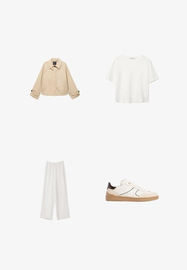 Beżowa krótka kurtka z okrągłym kołnierzykiem, dwiema przednimi kieszeniami i zapiętymi mankietami. Wykonana z gładkiego, lekkiego materiału.; Biała koszulka z krótkim rękawem, wykonana z bawełny. Posiada okrągły dekolt i luźny krój. Gładka faktura bez widocznych wzorów czy akcentów.; Białe spodnie o szerokich nogawkach wykonane z lekkiego materiału. Posiadają elastyczny pas z sznurkiem i boczne kieszenie. Gładka tekstura.; Stradivarius - Sneakersy niskie