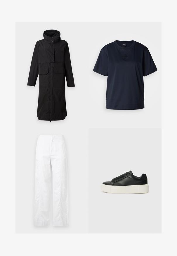 Mustatoon mustsuudiga, millel on kõrge krae, tõmblukuga esiosa ja kaks suurt eesmist taskut. Valmistatud siledast, veekindlast materjalist. Pikk sobivus.; Tumesinine lühikeste varrukatega T-särk, mis on valmistatud pehmest puuvillast. Omab ümmargust kaelust ja diskreetset tikandiga logo rinna piirkonnas.; Valged laiad püksid, mis on valmistatud kergetest materjalidest, omades siledat tekstuuri, puhtaid jooni ja kõrget vöökohta.; Must musta sneaker ümarate varvastega, valge platvormi tallaga ja mustade paeltega. Omab diskreetset logo kandadel ja sileda tekstuuriga.