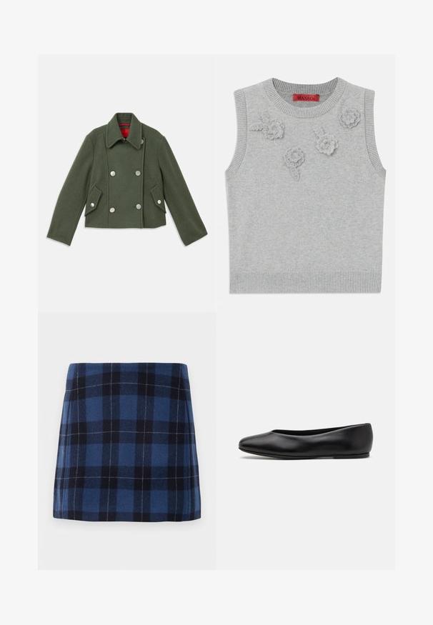 Double-breasted jacket in dark green wool blend with silver round buttons, notched collar, and two angled front pockets. Red lining detail.; Light grey sleeveless sweater with a ribbed neckline and hem. Features three textured floral appliqués on the front. Brand label: MAX&Co.; Plaid mini skirt in dark blue and navy, made of soft fabric with a slightly textured finish. Features a straight cut and clean lines.; Paul Smith TOPANGA - Ballet pumps - black