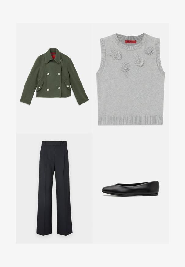 Dobbeltbrystet jakke i mørkegrønt uldmix med sølvrunde knapper, slagkrave og to skrå forlommer. Rød foring som detalje.; Lys grå ærmeløs sweater med ribbet halsudskæring og kant. Har tre strukturerede blomsterapplikationer foran. Mærke: MAX&Co.; Mørkeblå stribede bukser med høj talje, vidde bendesign og ingen synlig hardware eller dekorationer. Glat tekstur og skræddersyet pasform.; Paul Smith TOPANGA - Ballerinasko - black