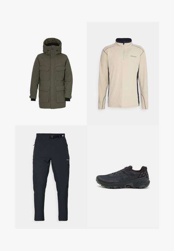 Sötétzöld parkadzseki, vízálló külső réteggel, több elülső zsebbel, állítható kapucnival és rugalmas mandzsettákkal a hőszigetelés érdekében.; Beige színű fleece pulóver fekete oldalpanellel, negyed cipzáros elülső résszel és kontrasztos varrással. Kicsi logó található a mellkason.; Columbia ESSENTIAL HIKE™ PANT - Szabadtéri nadrágok - black; Fekete terepfutó cipők, texturált hálós felsőrésszel és gumitalppal; jellemzőik között szerepel a fűző, párnázott boka rész és logó részletek.