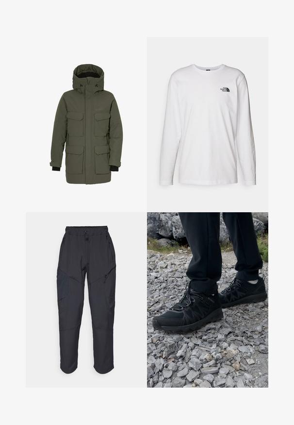Tummanvihreä parkatyyppinen takki, jossa vedenpitävä ulkokuori, useita rintataskuja, säädettävä huppu ja joustavat hihansuut lämmöneristystä varten.; Valkoinen pitkähihaisen T-paita, joka on valmistettu puuvillasta ja jossa on pyöreä kaula-aukko. Rintamuksessa on pieni musta logo. Sileä kangas, normaali malli.; Mustat cargo-housut, jotka on valmistettu kevyestä, vettä hylkivästä materiaalista; niissä on joustava vyötärö, useita vetoketjullisia taskuja ja kapenevat lahkeet.; Mustat ulkokengät, joissa on verkko- ja synteettinen materiaali, teksturoitu päällinen, varma nauhoitusjärjestelmä ja kestävä pohja kivikkoisella maastolla.