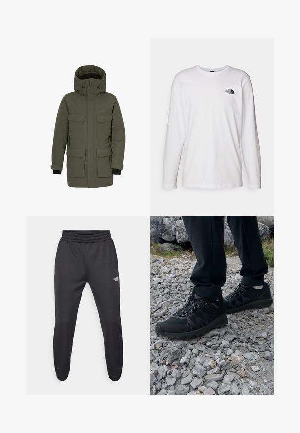 Parka jacket in dark green, featuring a waterproof outer, multiple front pockets, an adjustable hood, and elastic cuffs for insulation.; White long-sleeve T-shirt made of cotton with a crew neck. Features a small black logo on the chest. Smooth texture, regular fit.; Black sweatpants with a drawstring waist, tapered fit, elastic cuffs, and a small white logo on the left thigh, made from smooth fabric.; Black outdoor shoes with mesh and synthetic material, featuring a textured upper, secured lacing system, and a rugged outsole, on rocky terrain.