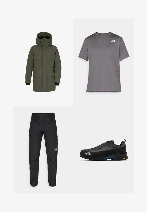 Parka bunda v tmavě zelené barvě s voděodolným povrchem, několika předními kapsami, nastavitelnou kapucí a elastickými manžetami pro lepší izolaci.; Šedé sportovní tričko s krátkým rukávem vyrobené z hladkého, lehkého materiálu. Obsahuje bílé logo na levé části hrudi. Kulatý design výstřihu.; The North Face HORIZON PANT - Outdoorové kalhoty - black; The North Face VERTO ALPINE GORE TEX - Trekingové boty - asphalt grey/tnf black