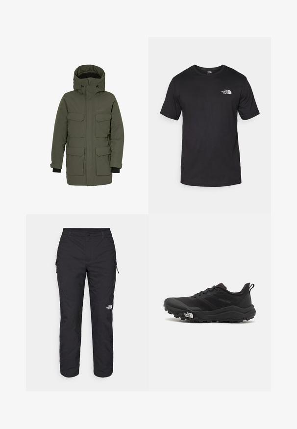 Tumeroheline parkajope, millel on veekindel väliskate, mitu esist taskut, reguleeritav kapuuts ja isoleerimiseks elastsed varrukaservad.; Must have lühikeste varrukatega must T-särk, mis on valmistatud puuvillast, ümmarguse kaelusega ja väikese valge logoga vasakus ülanurgas.; The North Face WINTER EXPLORATION TAPERED CARGO - Õuepüksid - black; Must tume jooksujalats musta värvi, tekstuurse ülemise osaga, kummist tallaga ja tugevdatud varbaga. Omab pehmendusega krae ja tõmblinti mugavaks selga panemiseks.