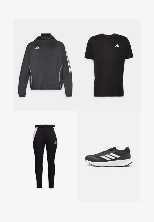 Veste de sport noire avec capuche, présentant des bandes blanches le long des manches et un devant zippé. Fabriquée en tissu léger et lisse.; T-shirt en coton noir à manches courtes, décolleté rond et logo blanc sur la poitrine gauche. Texture lisse et design simple.; Pantalons de sport noirs avec des panneaux latéraux blancs, coupe ajustée, taille élastique avec cordon de serrage, et un petit logo blanc sur le bas de la jambe gauche.; Baskets de sport noires avec tige en mesh respirant, accents blancs et semelle rembourrée. Présente le logo à trois bandes sur le côté.