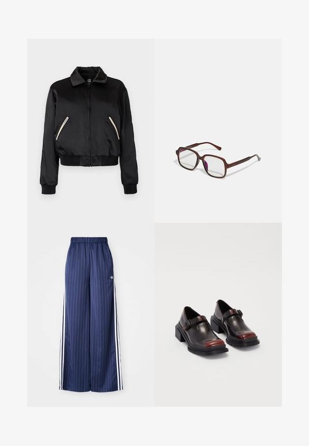 Čierna saténová bomber bunda s rebrovaným lemom, ktorá má dve bočné vrecká s kontrastnými bielymi zipsami a klasickým dizajnom goliera.; Biely rebrovaný top s dlhým rukávom a okrúhlym výstrihom. Vyrobený z pružného materiálu, ktorý obopína telo. Obsahuje jemné horizontálne pruhy.; Námornícke modré široké nohavice s vertikálnymi bielymi prúžkami, elastickým pásom a tromi bielymi pruhmi po bokoch, vyrobené z ľahkého materiálu.; Kožené topánky na blokovom podpätku s lesklým tmavo burgundským povrchom, so zapínaním na pracku a zaobleným špicom. Štruktúrovaná podošva pre lepšiu priľnavosť.; Hnedé, obdĺžnikové dioptrické okuliare s priehľadnými šošovkami a fialovými odtieňmi. Hladký plastový rám so zásadnými nožičkami a jemnými akcentmi.; Čierna látková taška s textúrovaným, prešívaným vzorom. Zaoblený tvar, krátke, hrubé rúčky a mäkká, flexibilná konštrukcia.