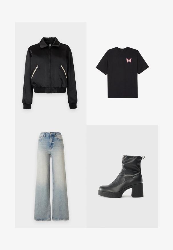 Svart satin bomberjacka med ribbad nederkant, utrustad med två sidofickor med kontrasterande vita dragkedjor och en klassisk kragsdesign.; Svart bomullströja med korta ärmar, med en liten rosa fjärilsgrafik på vänster bröst. Rundad halsdesign med en avslappnad passform.; Ljusblå vida jeans gjorda av denim, med hög midja, fem fickor och synlig sömnad längs sömmarna.; Svarta ankelstövlar i slitstark läder, med sidodragkedja, kraftig strukturerad klack och rundad tådesign.