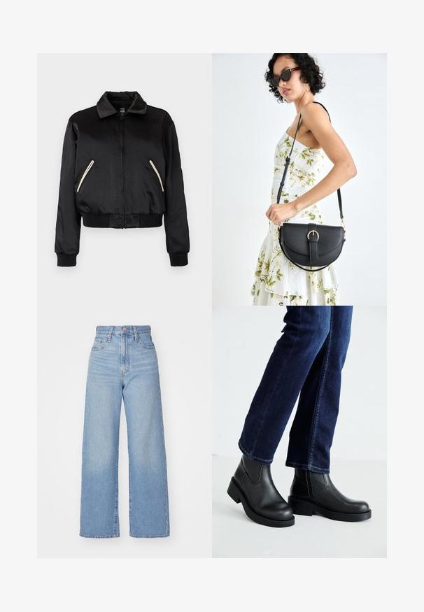 Svart satin bomberjacka med ribbad nederkant, utrustad med två sidofickor med kontrasterande vita dragkedjor och en klassisk kragsdesign.; Svart bomullströja med korta ärmar, med en liten rosa fjärilsgrafik på vänster bröst. Rundad halsdesign med en avslappnad passform.; Ljusblå högmidjade vida jeans med knapp- och dragkedjestängning, fram- och bakfickor, mot en vit bakgrund.; Svarta läderankelskor med tjock sula och sidodelar i elastisk material, kombinerade med mörkblå jeans. Markytan är i ljus färg.; Svart läderhandväska med en böjd form, avtagbar rem och guldiga detaljer. Väskan har ett lock med en spänndetalj.