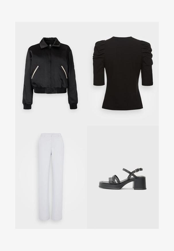 Casaco bomber em satin preto com um bainha canelada, apresentando dois bolsos laterais com zíperes brancos em contraste e um design de colarinho clássico.; Vero Moda Tall VMEGAMAXI - T-shirt básica - black; Calças cinza claro com um design de perna reta, feitas de tecido suave, apresentando uma frente lisa, cós e sem enfeites visíveis.; Sandálias pretas de salto alto com várias tiras estreitas e bico redondo. O salto é em formato bloco com uma textura suave. Fecho com fivela ajustável.