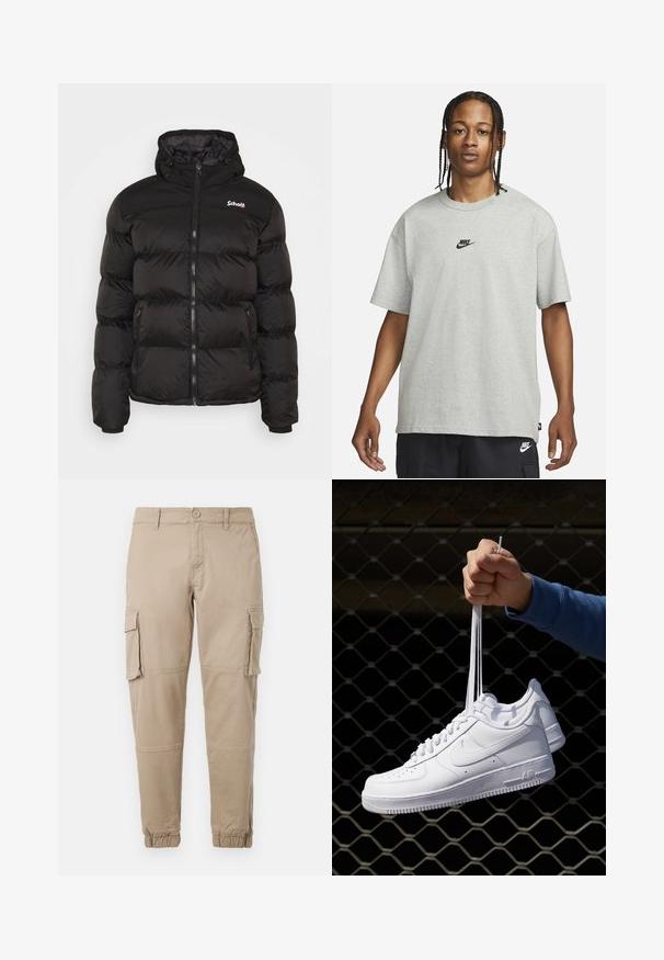 Schott UTAH - Chaqueta de invierno - black; Joven con cabello trenzado que lleva una camiseta Nike gris claro y pantalones cortos Nike negros frente a un fondo blanco liso.; Pantalones cargo beige de un material de algodón ligero. Presenta puños elásticos, múltiples bolsillos laterales y un cierre de botón.; Zapatillas de cuero blanco con perforaciones, punta redonda, suela plana y cordones gruesos, con un logo de swoosh visible y "AIR" en el talón.