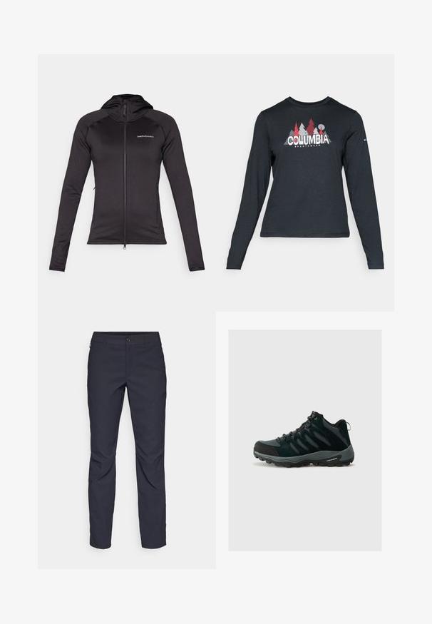 Peak Performance FLO CHILL LIGHT ZIP - Polárdzseki - black; Hosszú ujjú, sötétszürke ing piros fákkal és hegyekkel díszítve; a "COLUMBIA" logó vastag fehér betűkkel. Puha anyag, klasszikus kerek nyakkivágás.; Sötétkék nadrág sima anyagból, elülső gombos záródással, slim-fit fazonnal és gyűrött részletekkel a térdeken.; Columbia REDMOND - Túracipők - black/citron haze