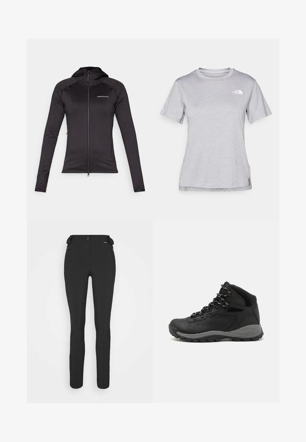 Peak Performance FLO CHILL LIGHT ZIP - Fleecejakke - black; Grå kortærmet T-shirt lavet af blødt, fugttransporterende materiale. Har en rund hals og et lille hvidt logo øverst til venstre.; Sorte, tætsiddende bukser lavet af et fleksibelt materiale. Funktioner inkluderer en lynlåslomme i siden, artikulerede knæ og en glat tekstur.; Sort vandrestøvle med en mellem-højde design, der har en tekstureret overdel, grå detaljer og en holdbar gummisål med skridsikre klodser.