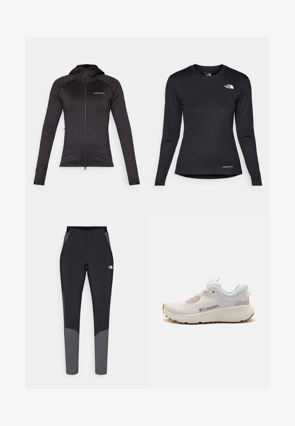 Peak Performance FLO CHILL LIGHT ZIP - Fliisjakk - black; The North Face SHADOW LONG SLEEVE - Pikkade varrukatega topp - black; Mustad musta värvi väljas kantavad püksid hallide aktsentidega, omades vormivat lõiget, elastset vööd, lukkudega taskuid ning vastupidavast, kergest materjalist.; Kerged Columbia spordijalanõud valgest võrgust, millel on tekstureeritud hall tall ja kummist haardepind. Omaduseks on polsterdatud krae ja nööridega kinnitussüsteem.