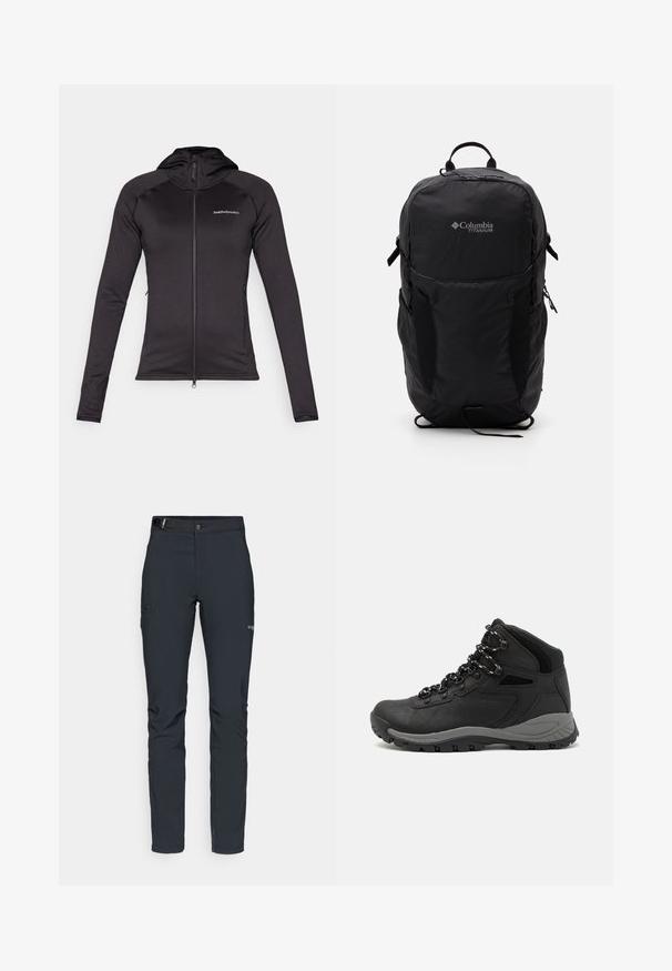 Peak Performance FLO CHILL LIGHT ZIP - Fleecejakke - black; Sort Columbia t-shirt med hvid cirkulær bjerg- og flodlinjekunst samt teksten "Columbia Sportswear Company Udenfor Siden 1938."; Herrers udendørsbukser, mørkegrå, lavet af fleksibelt materiale, med bælte, lynlåslommer og forstærkede syninger.; Sort vandrestøvle med en mellem-højde design, der har en tekstureret overdel, grå detaljer og en holdbar gummisål med skridsikre klodser.; Sort Columbia Titanium rygsæk med en glat stoftekstur, sidelommer, bærehåndtag og justerbare stropper. Minimalistisk design med diskret branding.