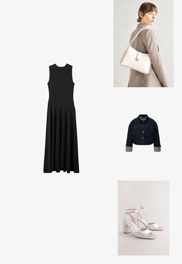 Kort denimjacka i mörkblått med knäppning, två bröstfickor och uppkavlade ljusare blå ärmar. Har detaljer med guldsöm.; Svart ärmlös maxiklänning med snygg passform och utställd kjol, med en mjuk textur och minimalistisk design, inga synliga knäppningar.; Vita öppna sandaler med klack, remmar runt ankeln och silverspännen på en neutralt beige bakgrund.; Vit läderhandväska med en strukturerad design, med en magnetknäppning och en axelrem, visad mot en neutral bakgrund.