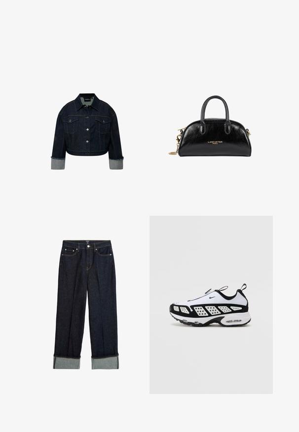 Veste en denim découpée de couleur bleu foncé avec fermeture à boutons, deux poches poitrine et revers de manches en bleu clair retroussés. Caractéristiques de détails en couture dorée.; Tissu en denim bleu foncé avec une texture verticale subtile, présentant des coutures orange le long de la couture pour souligner.; Jean large bleu foncé avec un ourlet retroussé, présentant des coutures orange et un design classique à cinq poches. Fabriqué en tissu en denim.; Baskets Nike en blanc et noir. Présente un design épuré, un mesh respirant et des panneaux perforés contrastants. Unité d'air visible dans la semelle.; Sac à main en cuir noir avec un design incurvé, double anses, quincaillerie dorée et une bandoulière en chaîne. Arbore le logo "Lancaster Paris."