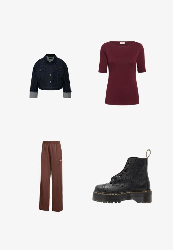 Zkrácená džínová bunda v tmavě modré barvě s knoflíkovým zapínáním, dvěma náprsními kapsami a ohrnutými světle modrými manžetami. Obsahuje detaily se zlatým prošíváním.; Kaffe YOKO BOATNECK - Jednoduché tričko - zinfandel; Hnědé sportovní kalhoty s volným střihem. Vyrobené z hladkého materiálu, s bočními kapsami, bílými pruhy a malým bílým logem na stehně.; Černá kožená kotníková bota s texturovaným povrchem, kulatou špičkou, šněrovacím designem, žlutým prošíváním a silnou, vroubkovanou černou podešví.