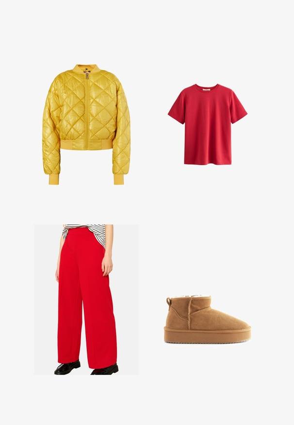 Sarkans, dzeltenas siltināšanas bomber jakas ar rāvējslēdzēja priekšpusi, ribotām apkaklēm un aprocēm; spīdīgas auduma ar īsu dizainu un dimanta rakstu.; Sarkans īsām piedurknēm T-krekls, izgatavots no kokvilnas, ar apaļu kakla izgriezumu, brīvu piegriezumu un gludu tekstūru, bez redzamām apdrukām vai akcentiem.; Platas kāju bikses spilgti sarkanā audumā, ar augstu jostasvietu un tīrām līnijām. Materiāls izskatās gluds, kopā ar spīdīgām melnām kurpēm.; Brūni zamša potītes ar mīkstu iekšējo oderi, noapaļota purngala un plakanu gumijas zoli. Iezīmēts ar šuvju vītni un aizmugurējo vilkšanas cilpu.