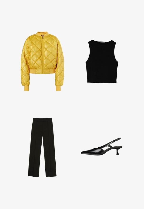 Giacca bomber gialla trapuntata con zip frontale, colletto e polsini a costine; tessuto lucido con design accorciato e motivo a rombi.; Top corto senza maniche nero realizzato in tessuto liscio, con scollatura rotonda e un design pulito e semplice, privo di pattern o accessori.; Pantaloni neri a gamba larga realizzati in un tessuto morbido, con una vita aderente e sottili pieghe frontali per un tocco di consistenza.; Tacchi slingback in pelle verniciata nera con punta affusolata, design con tagli laterali e tacco quadrato piccolo. Texture liscia con dettagli minimi.