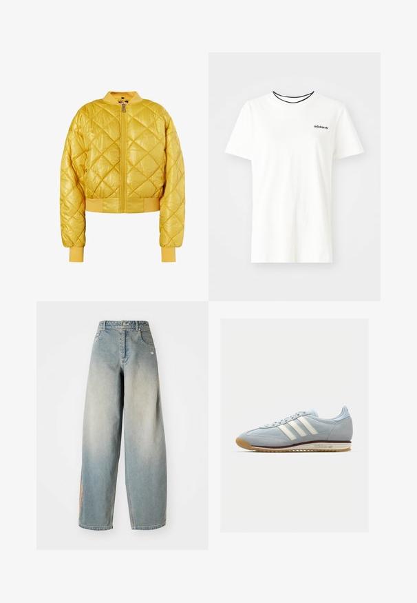 Chaqueta bomber acolchada amarilla con cierre frontal, cuello y puños de canalé; tejido brillante con un diseño corto y patrón de diamantes.; Camiseta de algodón blanca con manga corta y escote redondo. Presenta un logo negro de Adidas en el pecho y un cuello interior negro en contraste.; Jeans de mezclilla anchos en un tono azul claro con un acabado deslavado. Presentan bolsillos delanteros, un cierre de botón y un logo sutil en la cinturilla.; Zapatilla de ante azul claro con tres rayas blancas, suela de goma y malla texturizada. Presenta una puntera lisa y un logotipo en el talón.