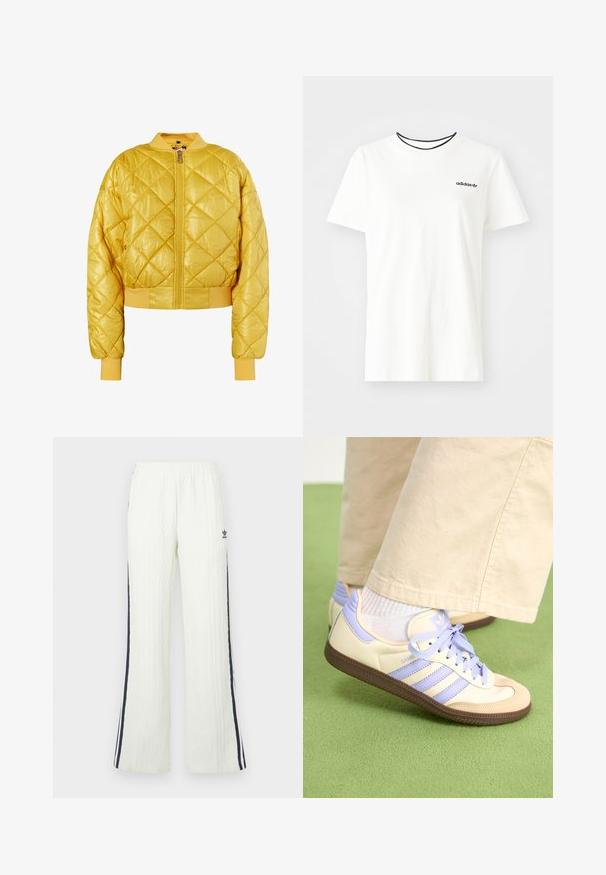 Quiltelt sárga bomberdzseki cipzáras elől, bordás gallérral és mandzsettákkal; fényes anyagból készült, rövid fazonú és gyémántmintás.; Fehér pamut póló rövid ujjakkal és kerek nyakkivágással. A mellkason egy fekete Adidas logó található, valamint kontrasztos fekete belső gallér.; Világos krémszínű, kötött mintás, bővülő szabású nadrág. Sötétkék oldalsávokkal és Adidas logóval a csípőnél. Rugalmas derékpánt.; Krém és levendula színű sportcipők három csíkkal és texturált barna talppal, fűzőkkel és párnázott sarokkal. Puha anyagú felsőrész.