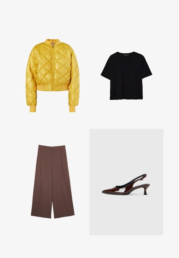Kvalitetna žuta bomber jakna s tkanim uzorkom, zatvaranjem na zip, rebrastim ovratnikom i manžetama; sjajna tkanina s krojenim dizajnom i dijamantnim uzorkom.; Crna majica kratkih rukava od pamuka. Ima okrugli izrez i labav kroj s glatkom, jednoličnom teksturom. Nema vidljivih uzoraka ili akcenta.; Smeđe hlače širokog kroja s glatkom teksturom, koje imaju visok struk i nabore sprijeda. Tkanina je lagana i slobodno se kreće.; Smeđe patentne kožne cipele s otvorenom petom, špicastim vrhom i umjerenom petom. Imaju remen s kopčom za sigurno pristajanje. Glatka tekstura.