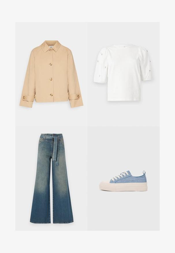 Beige, kort jakke laget av et glatt stoff, med klassisk krage, frontlukking med knapper og gullfargede knapper på ermene.; Hvit bomull T-skjorte med korte pufferm, med små sølvdekorasjoner langs ermene. Klassisk rund hals, avslappet passform.; Bredde ben jeans med en lyseblå til mørkeblå gradient, høyt liv, beltehemper og et matchende belte i samme stoff. Teksturert denimoverflate.; Lys blå canvastøfler med en kremfarget gummitupp og yttersåle, med hvite snørebånd og en løfteløkke på hælen.