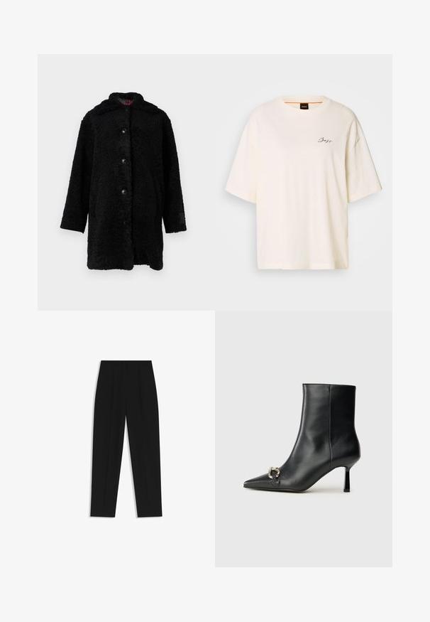 Sort teddyfrakke med blød, pelsagtig tekstur, knapper foran og hætte. Løs pasform med lange ærmer og diskret branding på ærmet.; Hvid oversized T-shirt lavet af blødt stof, med rund hals og korte ærmer, prydet med et lille sort "Boss" logo på forsiden.; Sorte bukser med lige pasform, der har dobbelte folder, en glat tekstur og et klassisk taljedesign. Ingen synlige hardware eller accenter.; Sort læder ankelstøvle med spidse tæer, slank hæl i mellemhøjde og sølvspænde detaljer på siden mod en ensfarvet baggrund.