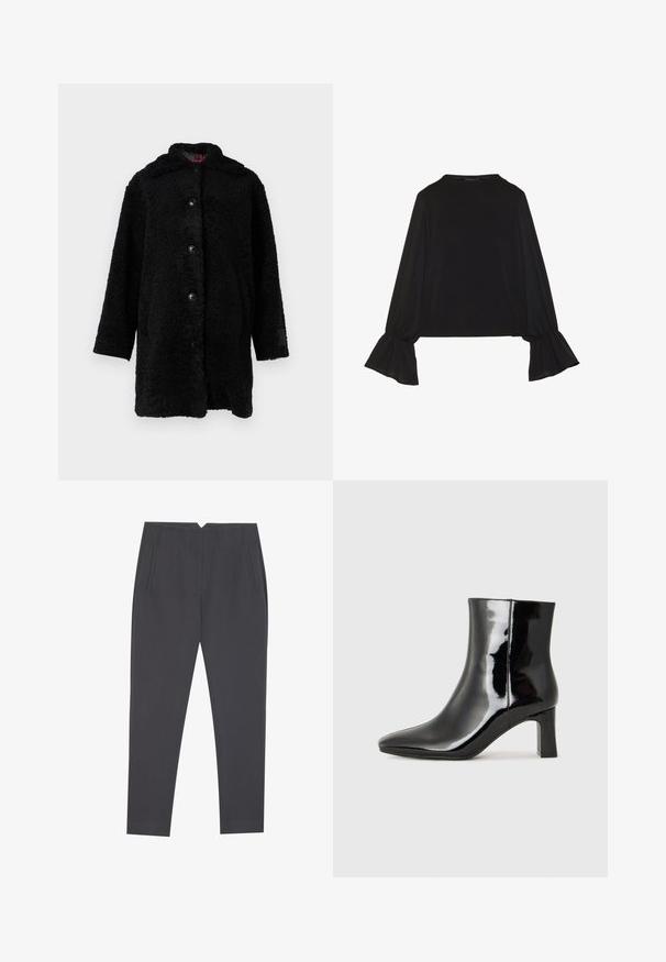 Črn teddy plašč z mehko, puhasto teksturo, sprednjimi gumbi in kapuco. Ohlapen kroj z dolgimi rokavi in subtilnim logotipom na rokavu.; Črn dolg rokav vrh z razširjenimi manšetami, mehko teksturo in sproščenim krojem, z preprostim okroglim izrezom.; Temno sivi zoženi hlače z stranskimi žepi in sprednjimi pregibi, zasnovane za prilegajoč kroj.; Črne lakirane gležnjarje z ošiljenim nosom in srednje visokim blokastim peto. Gladka tekstura in minimalističen dizajn.