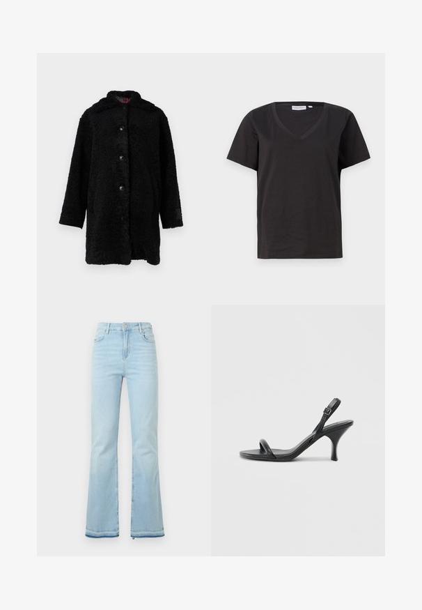 Čierny medvedí kabát s mäkkou, chlpatou textúrou, prednými gombíkmi a kapucňou. Voľný strih s dlhými rukávmi a nenápadným brandingom na rukáve.; Čierne bavlnené tričko s výstrihom do V a krátkymi rukávmi. Jednoduchý dizajn s bežným strihom a bez vzorov alebo akcentov.; Svetlomodré rozšírené džínsy z denimovej látky, s vysokým pásom, prednými vreckami a surovým lemom na manžetách pre ležérny vzhľad.; Čierne kožené sandále na vysokom podpätku s štíhlym, zakriveným podpätkom a prekríženým pásikovým dizajnom. Nastaviteľný pásik okolo členka. Hladká textúra.