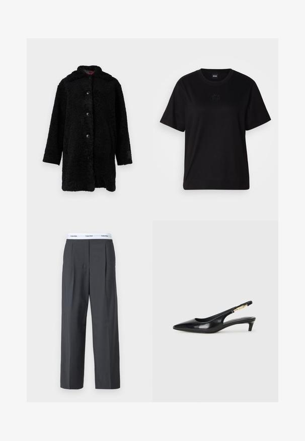 Mustaline karvane must teddy mantel, millel on pehme, karvane tekstuur, esiküljel nupud ja kapuuts. Lahtine lõige, pikad varrukad ning tagasihoidlik brändimine varruka peal.; Mustmust särk, millel on ümar kaelus, lühikesed varrukad ja tindiga tikitud logo rinnal. Lihtne, mugav lõige ilma mustriteta.; Hallid hallid püksid, mis on valmistatud siledast kangast, ees oleva voltimisega ja valge vöökohtaga, millel on Calvin Kleini logo.; Mustad nahast slingback kontsad terava ninaga, millel on õhuke konts ja kuldse tooni aktsent reguleeritaval rihmal. Sile tekstuur.