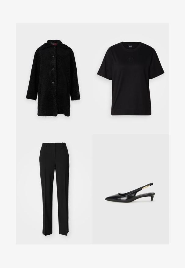 Sort teddyfrakke med blød, pelsagtig tekstur, knapper foran og hætte. Løs pasform med lange ærmer og diskret branding på ærmet.; Sort bomulds t-shirt med rund halsudskæring, korte ærmer og et broderet logo på brystet. Enkel, afslappet pasform uden mønstre.; Sorte skræddersyede bukser med lige ben-design, der har en glat tekstur og skarpe folder langs fronten. Ingen synlige hardware.; Sorte læder slingback hæle med spids tå, der har en slank hæl og en guldfarvet detalje på den justerbare rem. Glat tekstur.