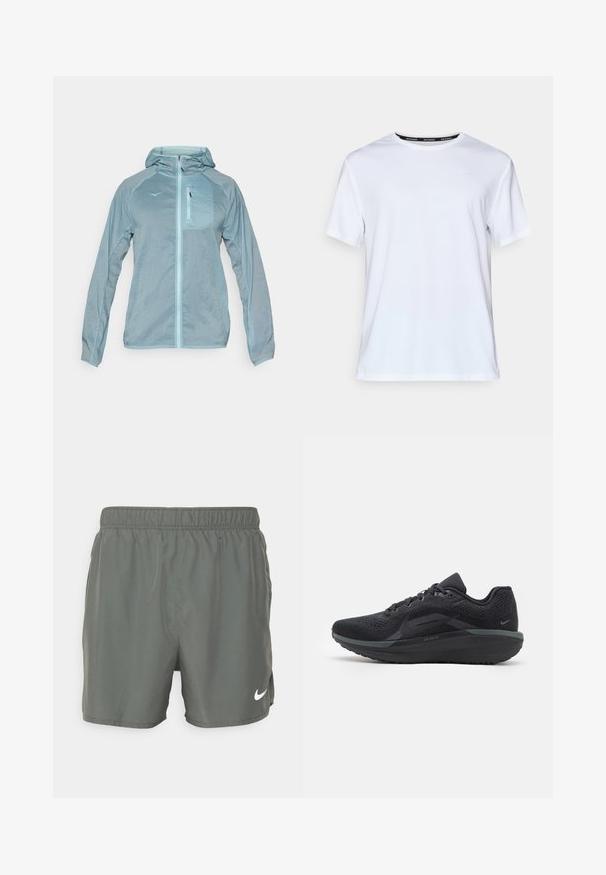 Šviesiai mėlynas, lengvas džemperis su priekiu užtraukiamu užtrauktuku, gobtuvu ir užtrauktuku uždaroma krūtine. Savybės: tekstūruota medžiaga su logotipu ant krūtinės.; Balta trumpa rankovė t-shirt, pagaminta iš lygios medžiagos. Priekyje yra mažas šviesiai mėlynas logotipas ir juodas etiketas ant kaklo su užrašu "NIKE RUNNING."; Nike maudymosi šortai tamsiai žali. Pagaminti iš lengvos medžiagos su elastinga juosta, į apačią dešinėje pusėje yra baltas logotipas.; Juodas sportinis batelis su orui pralaidžiu tinkleliu, tekstūruotais akcentais, paminkštintu padu ir atspindinčiais elementais. Šoninis vaizdas atskleidžia streamlininį dizainą.