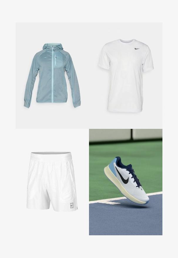Ανοιχτό μπλε, ελαφρύ μπουφάν με φερμουάρ μπροστά, κουκούλα και φερμουάρ στην θηλαστική τσέπη. Διαθέτει υφή υφάσματος με λογότυπο στο στήθος.; Λευκό κοντομάνικο T-shirt από απαλό ύφασμα. Διαθέτει στρογγυλή λαιμόκοψη και ένα μικρό μαύρο λογότυπο Nike στο αριστερό στήθος.; Λευκοί αθλητικοί σορτς από ελαφρύ ύφασμα με ελαστική μέση, διαθέτοντας δύο πλαϊνές τσέπες και ένα μικρό μαύρο λογότυπο στο στρίφωμα.; Λευκό αθλητικό παπούτσι με ναυτικές λεπτομέρειες, αναπνεύσιμο άνω μέρος, υφασμένο πέλμα και ανοιχτό μπλε τακούνι, με κομψό, σύγχρονο σχέδιο.