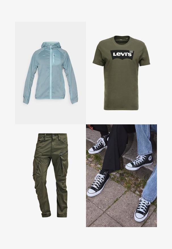 Veste légère bleu clair avec fermeture éclair à l'avant, capuche et poche poitrine zippée. Dotée d'un tissu texturé avec un logo sur la poitrine.; T-shirt en coton vert olive avec un grand logo noir Levi's sur le devant. Col rond classique et manches courtes, texture lisse.; Pantalons cargo vert olive en coton résistant. Dotés de plusieurs poches, d'une poche latérale zippée et de jambes fuselées avec une finition légèrement texturée.; Baskets montantes en toile noires avec semelles et lacets en caoutchouc blancs, arborant un logo circulaire sur le côté et associées à un jean et un pantalon noir.