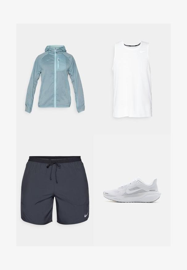 Veste légère bleu clair avec fermeture éclair à l'avant, capuche et poche poitrine zippée. Dotée d'un tissu texturé avec un logo sur la poitrine.; Haut de course Nike sans manches de couleur blanche avec un col rond, texture lisse et logo Nike noir sur le haut à gauche de la poitrine.; Shorts de course Nike en gris foncé, avec une taille élastique dotée d'un cordon de serrage et un accent de logo argenté sur la jambe inférieure droite.; Chaussure de sport blanche avec une tige en maille, des superpositions texturées lisses, des accents gris, des lacets et une semelle rembourrée conçue pour la performance.