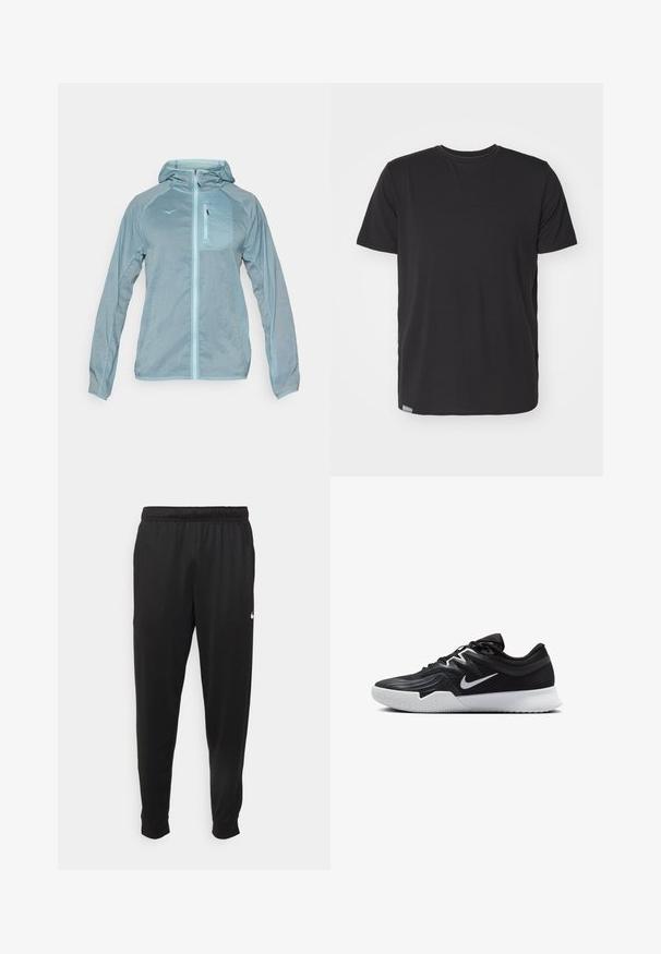 Chaqueta ligera de color azul claro con cremallera frontal, capucha y bolsillo en el pecho con cremallera. Tiene un tejido texturizado con un logo en el pecho.; Camiseta negra de manga corta en material de algodón suave, con cuello redondo y una pequeña etiqueta en la costura inferior izquierda.; Pantalones deportivos negros de tejido suave, con cintura elástica, perneras ajustadas y un pequeño logotipo blanco en el lado izquierdo.; Zapatilla deportiva negra con parte superior texturizada, logo de Nike en blanco y suela de goma blanca. Tiene un diseño con cordones y una forma dinámica.