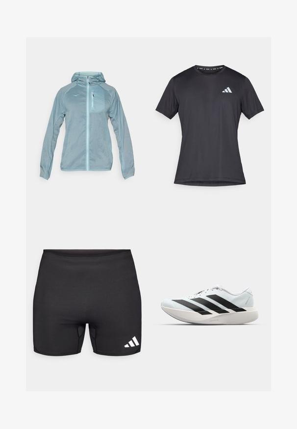 Svetlomodrá, ľahká bunda s predným zipsom, kapucňou a zipsovou náprsníkou. Obsahuje textúrovanú látku s logom na hrudi.; Čierne atletické tričko s krátkym rukávom a okrúhlym výstrihom, vyrobené z ľahkej tkaniny. Na prednej strane je reflexné logo Adidas.; Čierne atletické šortky z pružnej látky, s priliehavým strihom, plochými švami a bielym logom s tromi pruhmi na dolnej pravej strane.; Ľahké bežecké topánky v svetlomodrej farbe s čiernymi pruhmi. Majú hladký zvršok, okrúle špičky a hrubú bielu medzipodrážku označenú "LIGHTSTRIKE PRO."