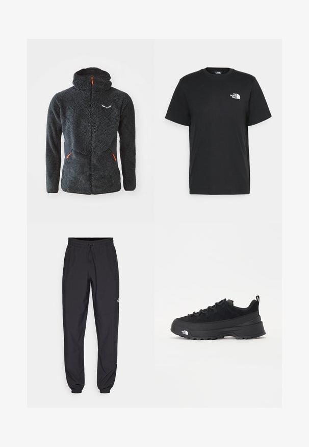 Must jaotatud must karvane jakki, millel on kõrge krae, tekstureeritud eesmine osa, mustad külgpaneelid ja oranžad tõmbluku aktsendid. Sisse on õmmeldud logo rinnal.; Musthave musta puuvillane T-särk lühikeste varrukatega, ümmargune kaelus ja väike valge logo vasakul rinnal. Lihtne disain, sile tekstuur ja mugav lõige.; Mustavad sportlikud püksid, mis on valmistatud kergest kangast, joonlauaga taljest, küljetaskudega ja kitsenevate varrukatega pahkluude juures.; Must musta jalats, millel on sametised ülemused, tekstuuriga kummist põhi ja vastupidav sidumise süsteem. Omab tugevdust kannaosas ja brändi logo küljes.