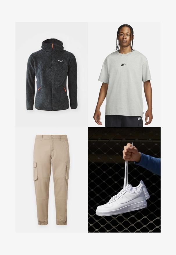 Black fuzzy zip-up jacket with high collar, textured front, black side panels, and orange zipper accents. Features logo on chest.; Young person with braided hair wearing a light gray Nike T-shirt and black Nike shorts against a plain white background.; Beige cargo pants in a lightweight cotton material. Features elastic cuffs, multiple side pockets, and a button closure.; White leather sneakers with perforations, round toe, flat sole, and thick laces, featuring a visible swoosh logo and "AIR" on the heel.