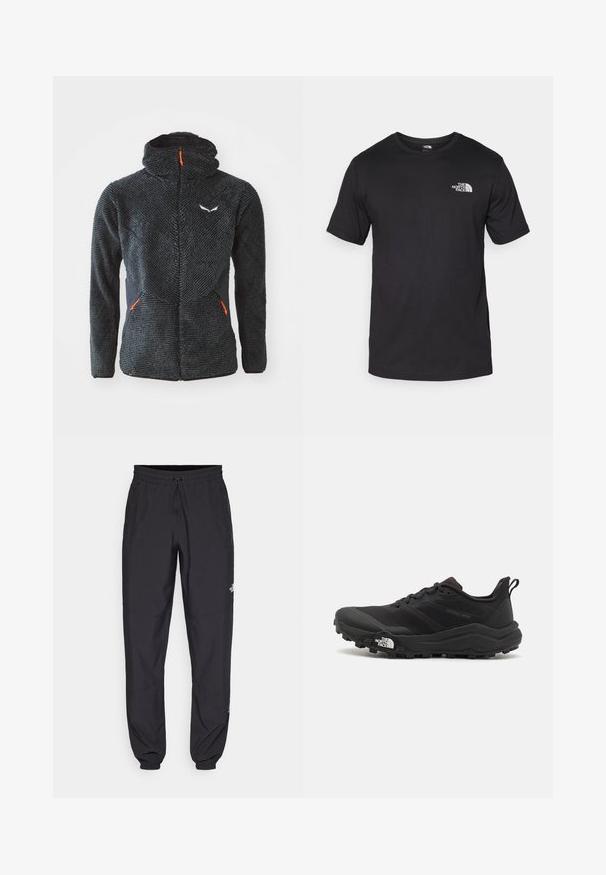 Čierna chlpatá zipsová bunda s vysokým golierom, textúrovaným predným dielom, čiernymi bočnými panelmi a oranžovými zipsmi. Na hrudi sa nachádza logo.; Čierne tričko s krátkym rukávom vyrobené z bavlny, s okrúhlym výstrihom a malým bielym logom na hornej ľavej strane hrude.; Čierne športové nohavice vyrobené z ľahkej tkaniny, s elastickým pásom na šnurovanie, bočnými vreckami a zúženými manžetami na členkoch.; Čierne trailové behacie topánky s štruktúrovaným zvrškom, gumovou podrážkou a vystuženou špičkou. Obsahuje polstrovaný golier a úchyt na jednoduché obúvanie.