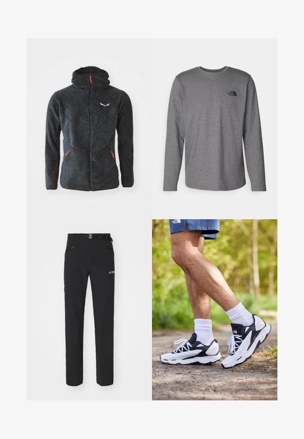 Schwarze, flauschige Zip-Up-Jacke mit hohem Kragen, strukturiertem Vorderteil, schwarzen Seitenpanelen und orangefarbigen Reißverschlüssen. Mit Logo auf der Brust.; The North Face M L/S SIMPLE DOME TEE - Langarmshirt - medium grey heather; Schwarze Outdoor-Hosen aus glattem Stoff, mit seitlichen Reißverschlusstaschen, verstärkten Kniepartien und einem verstellbaren Bund mit Schnalle.; Schwarz-weiße Sportschuhe mit einem Obermaterial aus Mesh, strukturierten Akzenten und weißen Schnürsenkeln. getragen mit weißen Knöchelsocken und dunkelblauen Shorts auf einem Weg.