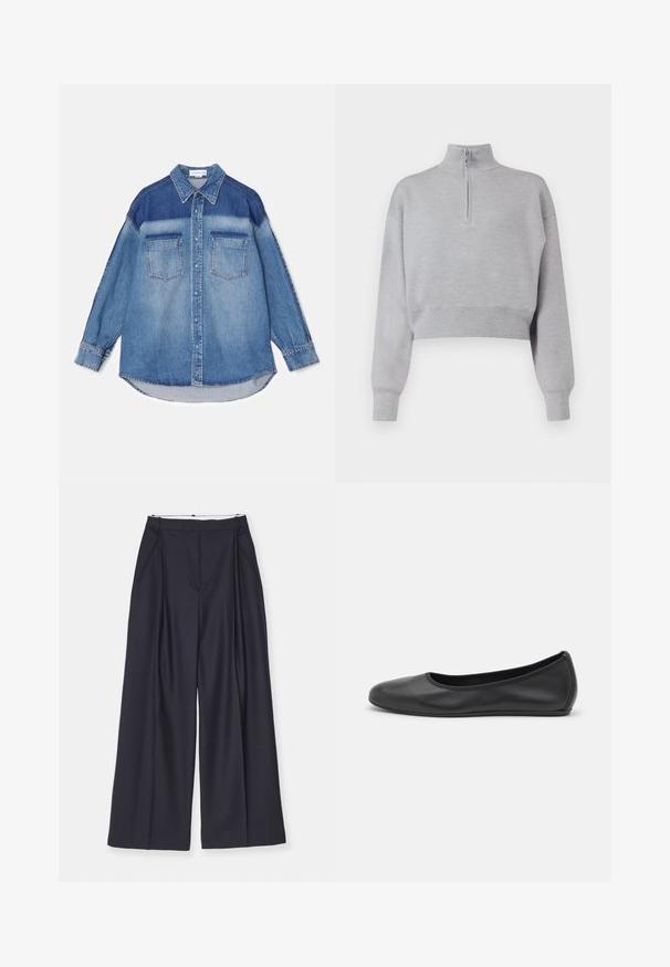 Farmering ing, amely világos és sötétkék árnyalatok keverékéből készült, hegyes gallérral, két mellzsebével és hosszú ujjaival, amelyek gombos mandzsettával záródnak.; Világosszürke, rövidített pulóver magas nyakkal, félig cipzárral és hosszú ujjal. Puha tapintású, alján bordás szegéllyel.; Fehér, pamutból készült, cropped ing, gombos elülső résszel, hegyes nyakkal, hosszú ujjakkal és egyetlen mellzsebbel. Simább textúra.; Victoria Beckham WIDE LEG TROUSER - Nadrágok - midnight; Fekete bőr balettcipő lekerekített orral, sima tekstúrával, minimális varrással és rugalmas talp kialakítással.