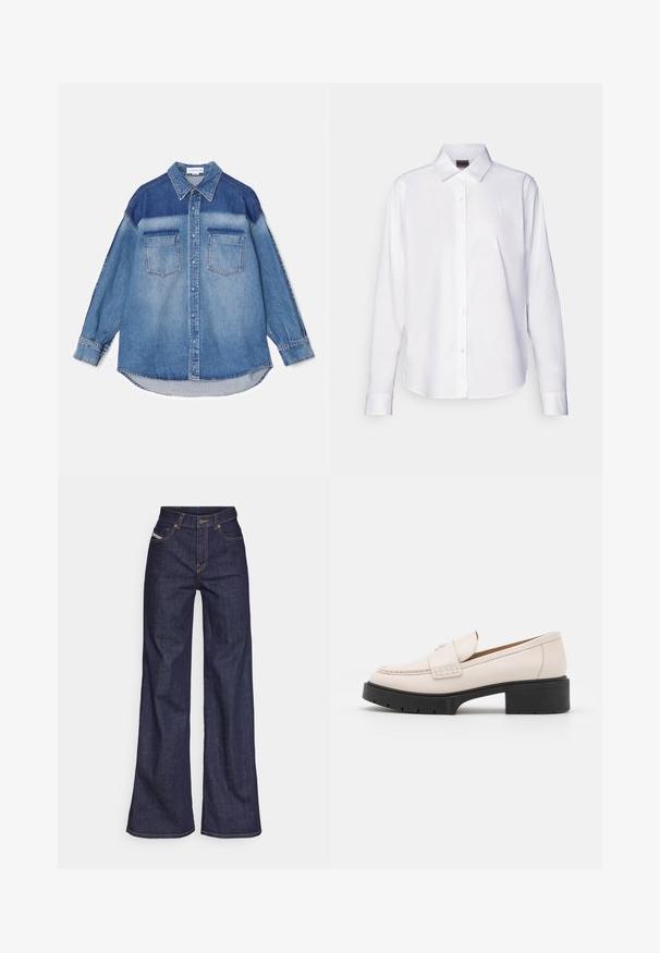 Džinsinis marškinis, kurio šviesiai ir tamsiai mėlynos spalvos derinys, su smailiu apykakle, dviem krūtinės kišenėmis ir ilgomis rankovėmis su mygtukų užsegimais.; Balta ilga rankovė mygtukų marškiniai, pagaminti iš medvilnės. Yra klasikinis apykaklė ir subtilus prekės ženklo siuvinėjimas ant krūtinės. Lygi tekstūra.; Tamsiai mėlynos plačios kojų džinsinės kelnės iš denimo audinio su aukštu liemeniu, su oranžinėmis siūlėmis, penkių kišenių dizainu ir sagčių užsegimu.; Šviesiai smėliniai odiniai laivai su siuvinėta priekiu ir tekstūriniu juodu platformos kulnu. Pasižymi kreiviu dizainu ir nedideliu pakilimu.