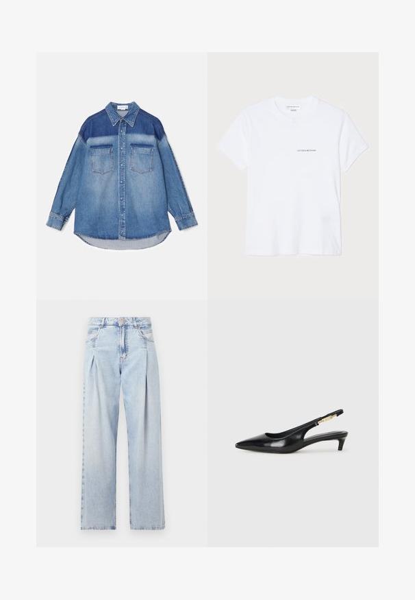 Denim krekls ar gaismas un tumšā zila toņa sajaukumu, ar norādītām apkaklēm, divām krūšu kabatām un garām piedurknēm ar pogu aprocēm.; Baltas kokvilnas T-krekls ar īsām piedurknēm, apaļu kakla izgriezumu un mazu melnu "VICTORIA BECKHAM" logo uz krūtīm. Minimālistisks dizains.; Gaiši zilas džinsu bikses ar augstu jostasvietu, plats kāju griezumu, divām sānu kabatām un krokotā dizaina akcentiem. Mīksta tekstūra ar izdilušu apdari.; Melnas ādas slingback zābaki ar smailu purngalu, ar šauru papēdi un zelta krāsas akcentu uz regulējama siksniņas. Gluda tekstūra.