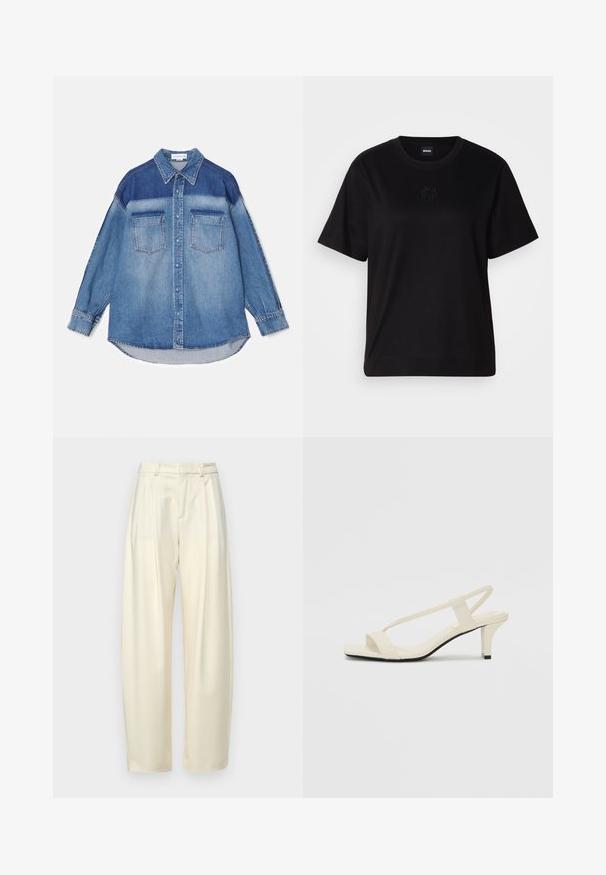 Denim-paita, jossa on sekoitus vaalean- ja tummansinisiä sävyjä, varustettuna terävillä kauluksilla, kahdella rintataskulla ja pitkillä hihansuilla, joissa on nappikiinnitys.; Musta puuvillapaita, jossa on pyöreä kaula-aukko, lyhyet hihat ja brodeerattu logo rinnassa. Yksinkertainen, rento istuvuus ilman kuvioita.; Pleated, korkeavyötäröiset housut vaalean kerma värisestä kankaasta. Ominaisuuksina suora leikkaus ja sileä pinta. Ilman taskuja tai näkyviä kiinnikkeitä.; Beige sandaalit, joissa on loiva korko, ohuet hihnat ja neliönmallinen varvasosa. Sileä materiaali, jossa on minimaalista yksityiskohtaa, suunniteltu helppokäyttöiseksi.