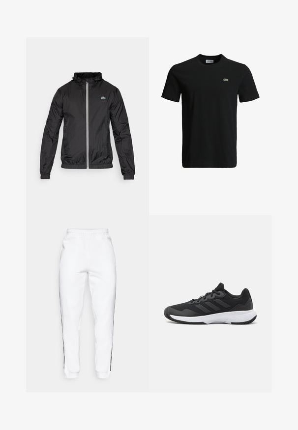 Černá lehká bunda vyrobená z ripstop materiálu, má zip na přední straně, kapuci na stažení, elastické manžety a malé zelené logo na hrudi.; Černé bavlněné tričko s kulatým výstřihem, krátkými rukávy a malým zeleným krokodýlem na levé hrudi. Hladká textura, neformální design.; Bílé tepláky s elastickým pasem, zdobené černými bočními pruhy a manžetami. Vyrobené z měkké tkaniny s hladkým povrchem.; Černá sportovní obuv s texturovaným svrškem, třemi vodorovnými pruhy a bílou podrážkou s vzorovaným profilem. Lehký a aerodynamický design.