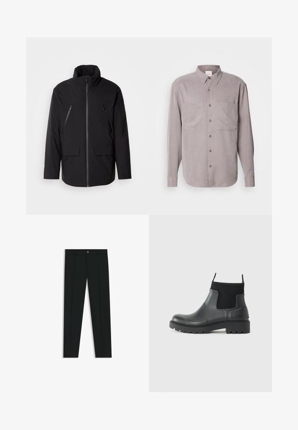 Zwarte jas met hoge kraag, volledige ritssluiting, twee ritszakken op de borst en twee voorzakken met klep; gladde textuur en ontspannen pasvorm.; Langschild overhemd in gedempt grijs stof, met twee borstzakken, een klassieke kraag en tonale knoopsluitingen.; Zwarte dresspants met een recht pasvorm, gemaakt van een gladde stof. Heeft een sluiting met een knoop aan de voorkant en ceintuurlussen. Effen zonder patronen.; Zwarte enkelboots van rubber met een matte afwerking, voorzien van een slank ontwerp, elastische panelen en een chunky zool voor grip.